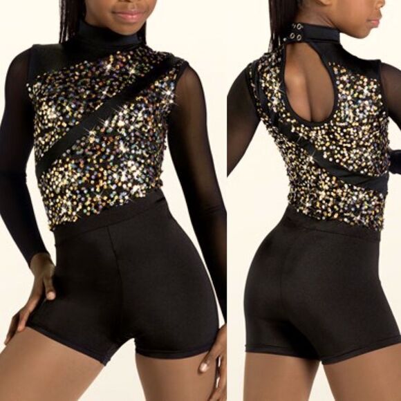 WEISSMAN Dance jazz Costume black silver gold sequin biketard 11731 XLC child - Picture 1 of 10